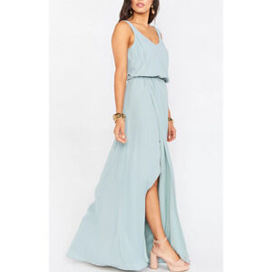 Show Me Your Mumu SMYMM Sz L Kendall Maxi Dress Silver Sage Crisp Slit Flowy